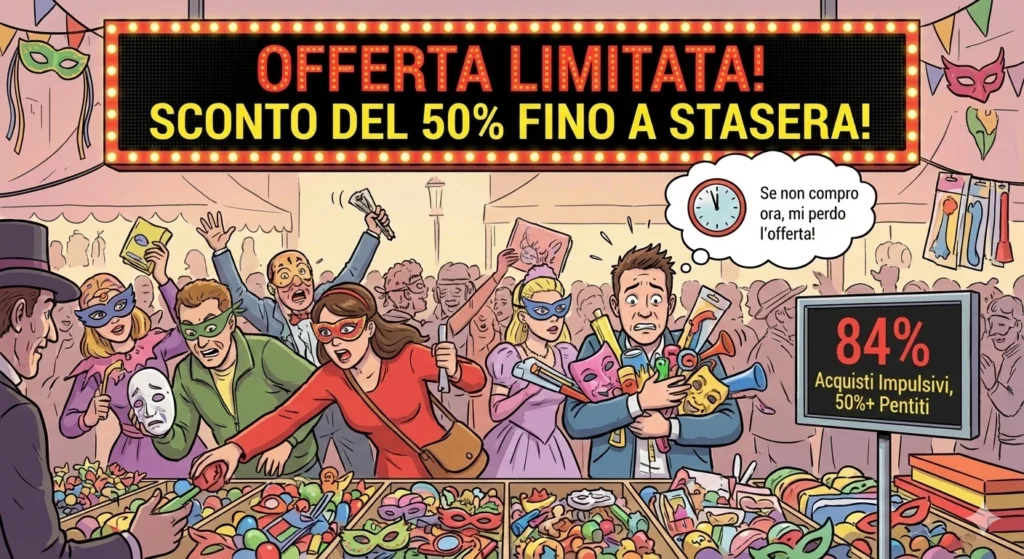 Illustrazione a fumetti di una folla mascherata che si accalca freneticamente a una bancarella di Carnevale sotto un grande cartello luminoso che recita 'OFFERTA LIMITATA! SCONTO DEL 50% FINO A STASERA!'. Un uomo al centro, con un'espressione ansiosa, pensa 'Se non compro ora, mi perdo l'offerta!' mentre tiene in mano diversi oggetti. Un display laterale mostra la statistica '84% Acquisti Impulsivi, 50%+ Pentiti'.