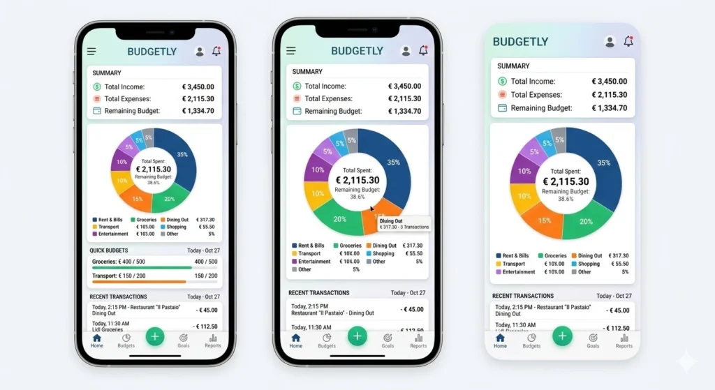 Interfaccia app Spendee gestione budget personale regola 50/30/20.